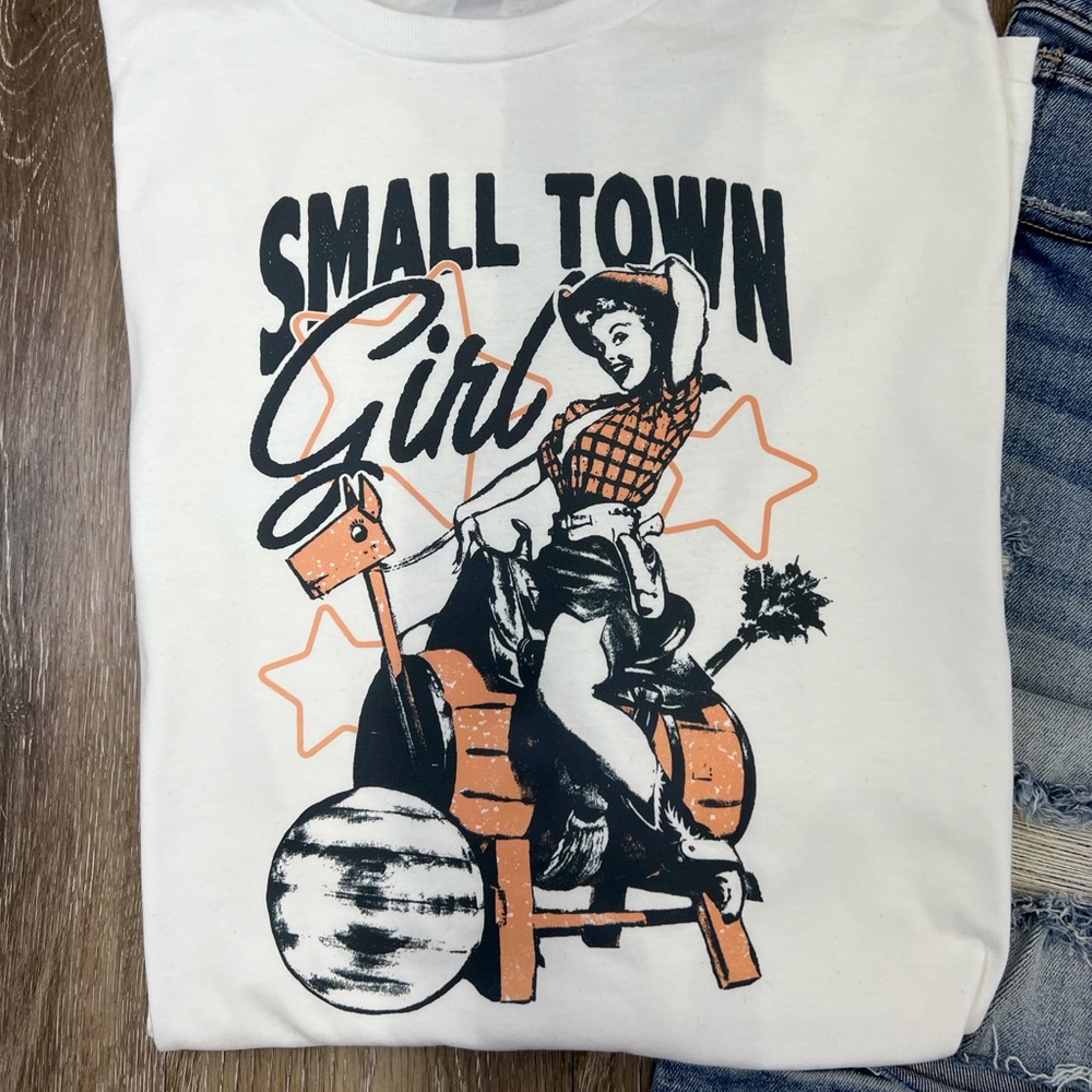 SMALL TOWN GIRL white tshirt with soft colors unisex fit